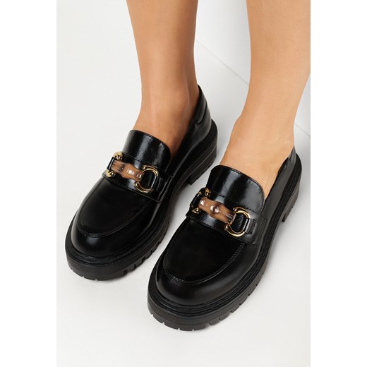 Czarne Mokasyny na Grubej Podeszwie z Bieżnikiem ze Skórzaną Wkładką Monay 41 born2be.pl okazja
