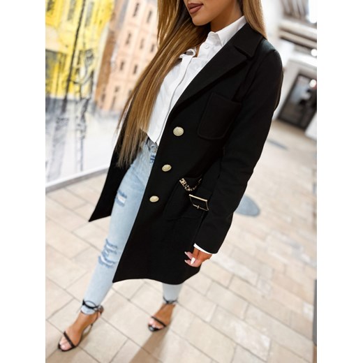 Płaszcz dyplomatka z ozdobnymi kieszeniami i paskiem czarny H285 Luxwear L/40 Charlotte Fashion