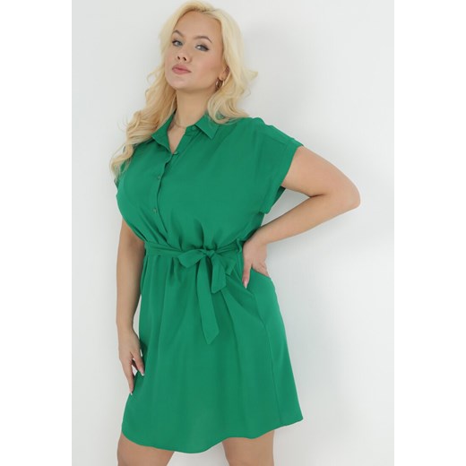 Zielona Koszulowa Sukienka Midi z Wiskozy z Guzikami i Materiałowym Paskiem 3XL wyprzedaż Born2be Odzież