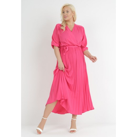 Różowa Plisowana Sukienka Maxi z Kopertowym Dekoltem i Wiązaniem w Talii Lariah 2XL okazyjna cena Born2be Odzież