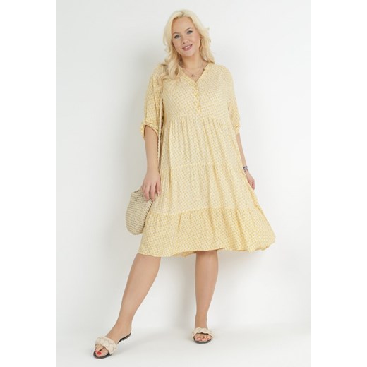 Żółta Rozkloszowana Sukienka z Falbanką i Podwijanymi Rękawami Arilanie ze sklepu Born2be Odzież w kategorii Sukienki - zdjęcie 151050214