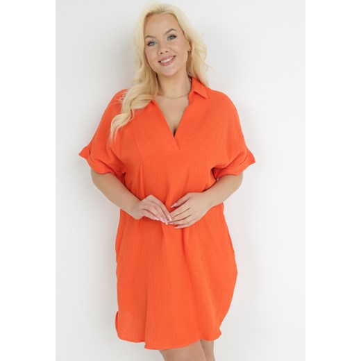 Pomarańczowa Bawełniana Sukienka Pudełkowa z Kołnierzykiem Aillia 3XL okazyjna cena Born2be Odzież