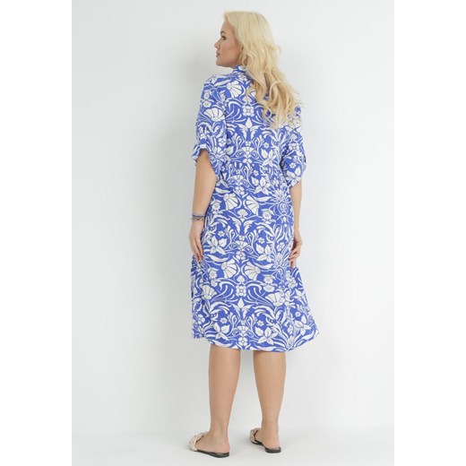 Niebieska Rozkloszowana Sukienka z Wiskozy w Kwiaty Areen 2XL wyprzedaż Born2be Odzież
