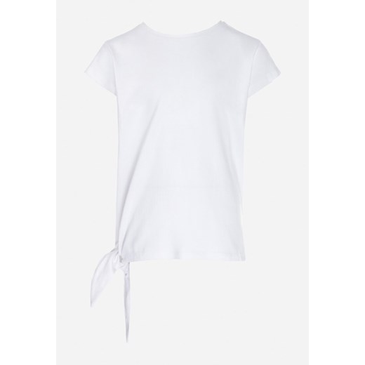 Biała Koszulka z Krótkim Rękawem i Ozdobnym Wiązaniem Pryncess 140 promocja Born2be Odzież