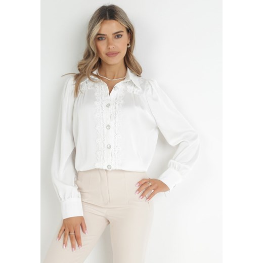 Biała Koszula z Kołnierzem i Wstawkami z Koronki Thaffi ze sklepu Born2be Odzież w kategorii Koszule damskie - zdjęcie 151103624