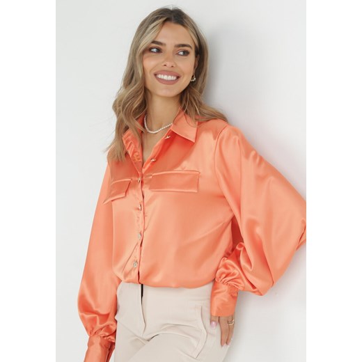 Pomarańczowa Koszula z Satynowego Materiału z Ozdobnymi Klapami Anylah ze sklepu Born2be Odzież w kategorii Koszule damskie - zdjęcie 151104004