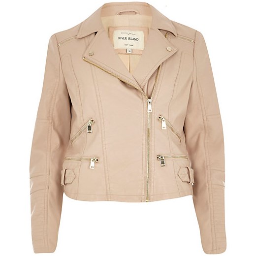 Pink leather-look zip pocket biker jacket river-island bezowy kurtki