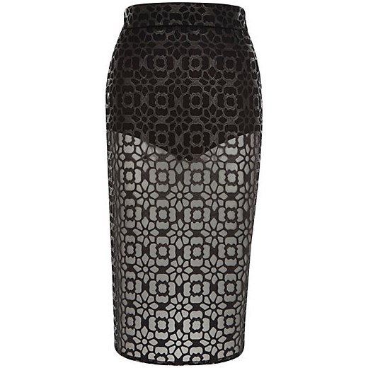Black coated lace sheer pencil skirt river-island czarny spódnica