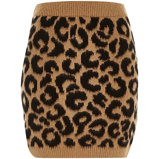 Brown leopard print brushed knitted skirt river-island brazowy motywy zwierzęce