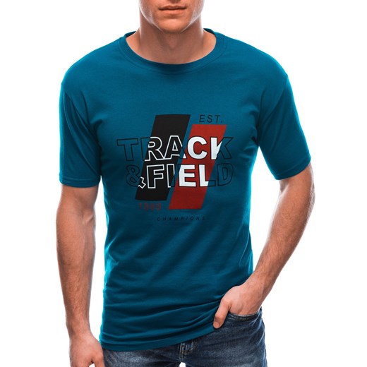 T-shirt męski z nadrukiem 1763S - turkusowy Edoti.com M Edoti