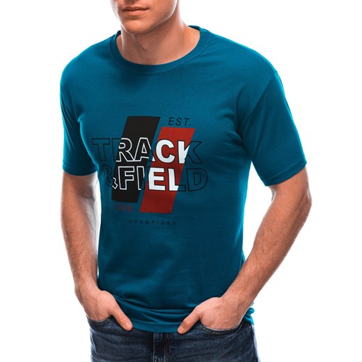 T-shirt męski z nadrukiem 1763S - turkusowy Edoti.com XL Edoti