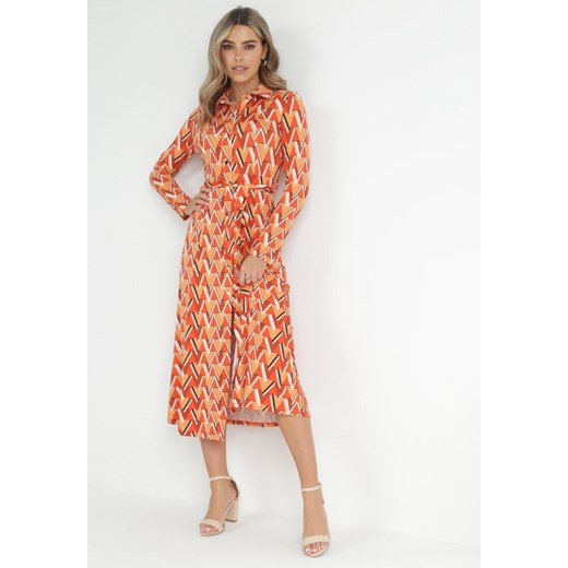 Pomarańczowa Sukienka Maxi z Wiązanym Paskiem i Geometrycznym Wzorem Annalea ze sklepu Born2be Odzież w kategorii Sukienki - zdjęcie 151810844