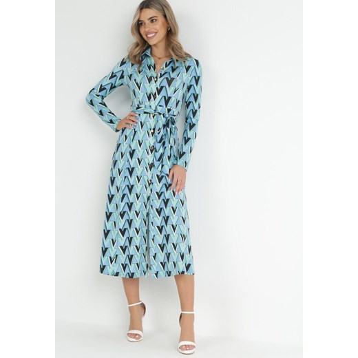 Niebieska Sukienka Maxi z Wiązanym Paskiem i Geometrycznym Wzorem Annalea ze sklepu Born2be Odzież w kategorii Sukienki - zdjęcie 151810854