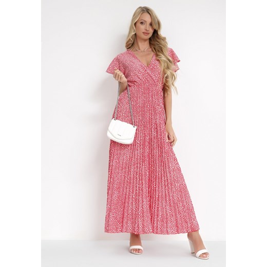 Czerwona Plisowana Sukienka Maxi z Gumką w Talii i Kopertowym Dekoltem Kaimarie M okazja Born2be Odzież
