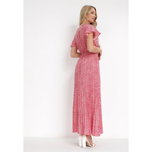 Czerwona Plisowana Sukienka Maxi z Gumką w Talii i Kopertowym Dekoltem Kaimarie M Born2be Odzież wyprzedaż