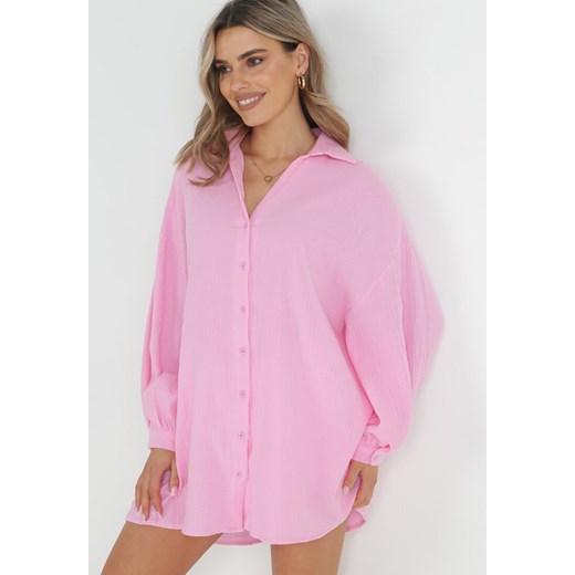 Różowa Bawełniana Koszula o Długim Fasonie Oversize Atherene L wyprzedaż Born2be Odzież