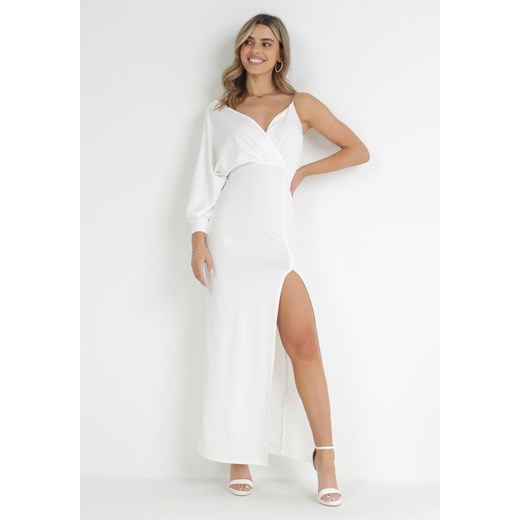 Born2be sukienka asymetryczna elegancka z dekoltem v biała maxi