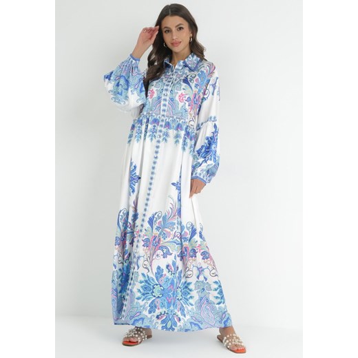 Biało-Niebieska Sukienka Maxi z Guzikami i Bufiastymi Rękawami Janaina ze sklepu Born2be Odzież w kategorii Sukienki - zdjęcie 152282222