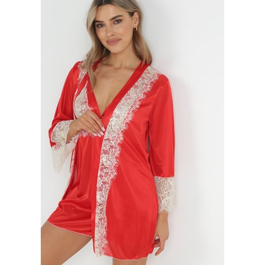 Czerwono-Kremowy 3-częściowy Komplet ze Szlafrokiem Koszulą Nocną i Stringami Cazamme ze sklepu Born2be Odzież w kategorii Koszule nocne - zdjęcie 152285161