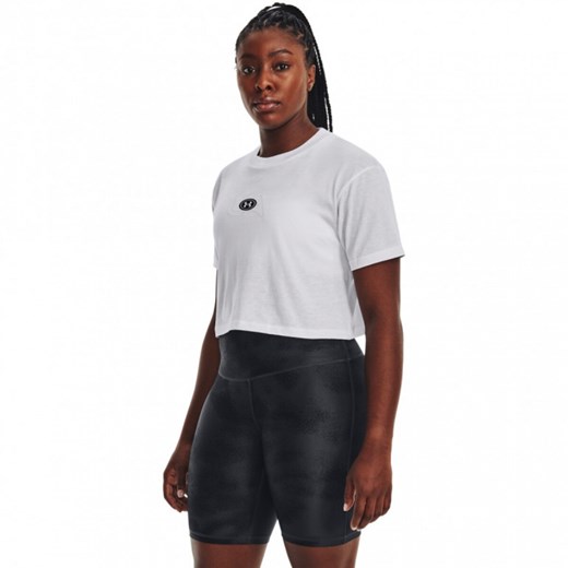 Damski t-shirt z nadrukiem Under Armour UA BRANDED LOGO CROP SS - biały ze sklepu Sportstylestory.com w kategorii Bluzki damskie - zdjęcie 152293753