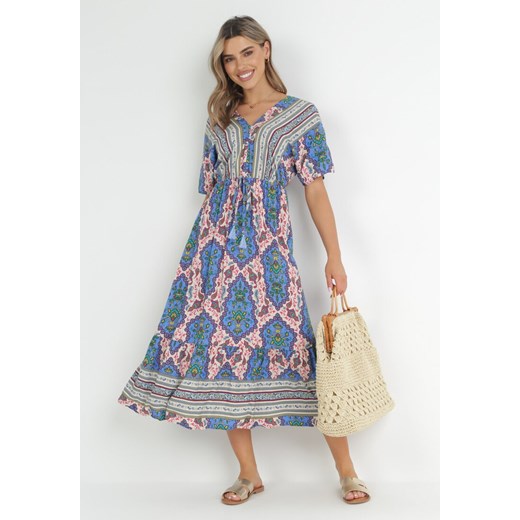 Niebieska Sukienka Midi z Wiskozy z Gumką w Talii z Szerokimi Rękawami Damatia ze sklepu Born2be Odzież w kategorii Sukienki - zdjęcie 152321011