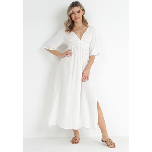 Biała Sukienka Maxi z Gumką w Pasie i Wiązaniem na Karku Titaphine M okazyjna cena Born2be Odzież