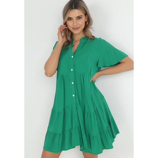 Zielona Sukienka Koszulowa z Falbanką Selentha ze sklepu Born2be Odzież w kategorii Sukienki - zdjęcie 152329074