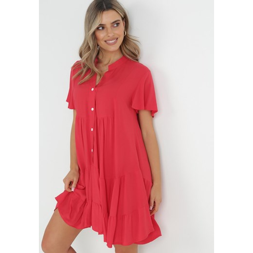 Czerwona Sukienka Koszulowa z Falbanką Selentha ze sklepu Born2be Odzież w kategorii Sukienki - zdjęcie 152374483