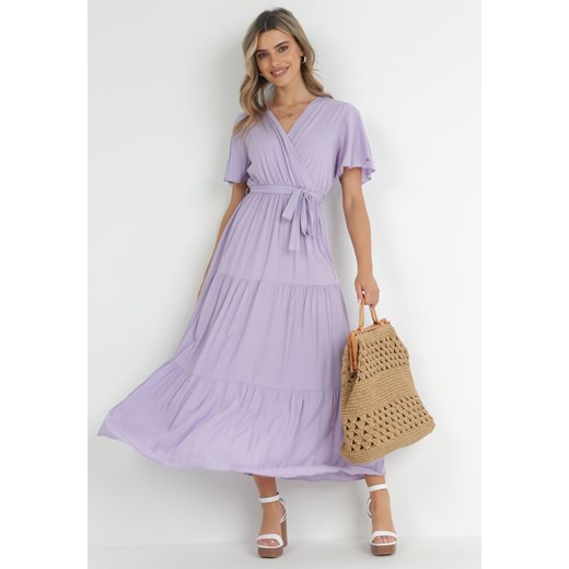 Fioletowa Rozkloszowana Sukienka Maxi z Wiązanym Paskiem Japhelia ze sklepu Born2be Odzież w kategorii Sukienki - zdjęcie 152374503