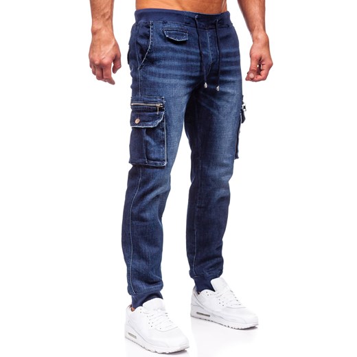 Granatowe spodnie jeansowe joggery bojówki męskie Denley MP0108BS M Denley