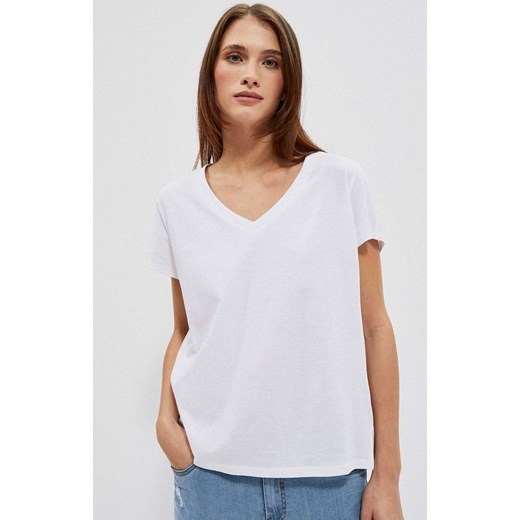 Bawełniany t-shirt damski z dekoltem w serek w kolorze białym4048, Kolor biały, XS Primodo