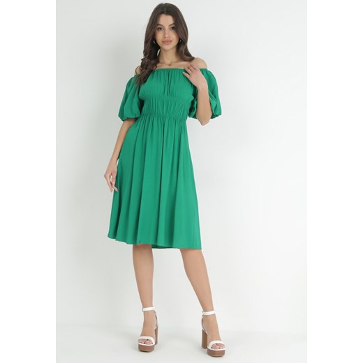 Zielona Rozkloszowana Sukienka Hiszpanka z Gumką w Pasie z Wiskozowej Tkaniny S Born2be Odzież okazja