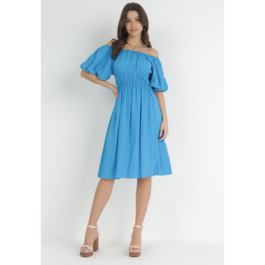 Niebieska Rozkloszowana Sukienka Hiszpanka z Gumką w Pasie z Wiskozowej Tkaniny Lussire ze sklepu Born2be Odzież w kategorii Sukienki - zdjęcie 152695263