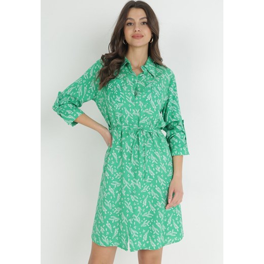 Zielona Koszulowa Sukienka Mini z Wiskozy Aphrorena ze sklepu Born2be Odzież w kategorii Sukienki - zdjęcie 152695283