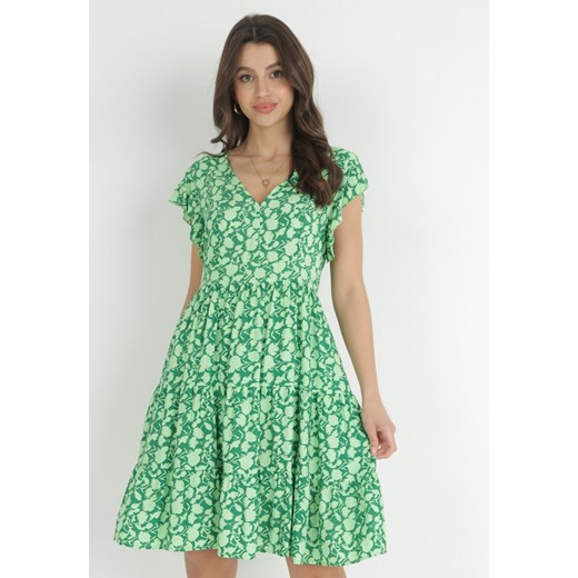 Zielona Sukienka Mini z Wiskozy z Falbanką Przy Ramionach i na Dole Jaysing ze sklepu Born2be Odzież w kategorii Sukienki - zdjęcie 152695392