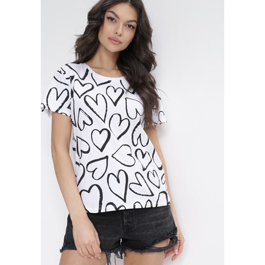 Biały Bawełniany T-shirt z Nadrukiem w Serca Maedinn L okazyjna cena Born2be Odzież