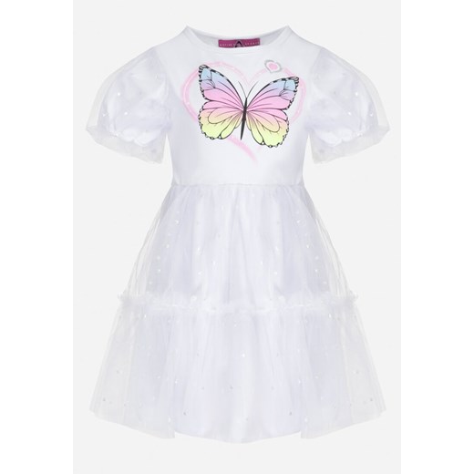 Biała Sukienka z Brokatowym Motylkiem i Tiulowym Dołem Princessia ze sklepu Born2be Odzież w kategorii Sukienki dziewczęce - zdjęcie 152937584