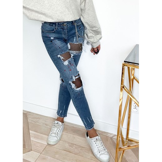 hit! spodnie rurki jeansowe energy z łańcuszkami i dziurami - denim jeans ze sklepu STYLOWO w kategorii Jeansy damskie - zdjęcie 152967402