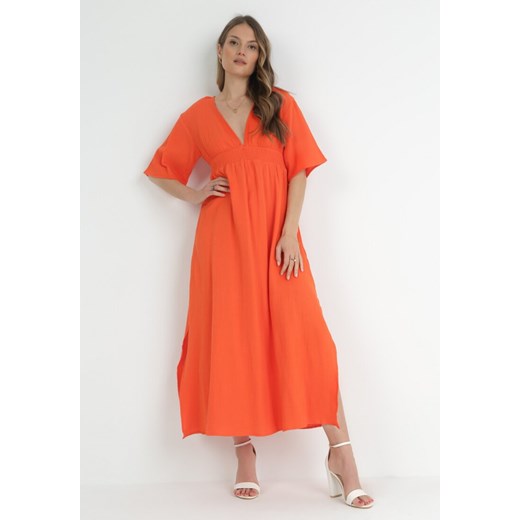 Pomarańczowa Sukienka Maxi z Gumką w Pasie i Wiązaniem na Karku Titaphine ze sklepu Born2be Odzież w kategorii Sukienki - zdjęcie 153022884