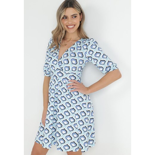 Niebieska Rozkloszowana Sukienka z Bufiastymi Rękawami w Geometryczny Wzór Avory ze sklepu Born2be Odzież w kategorii Sukienki - zdjęcie 153023300