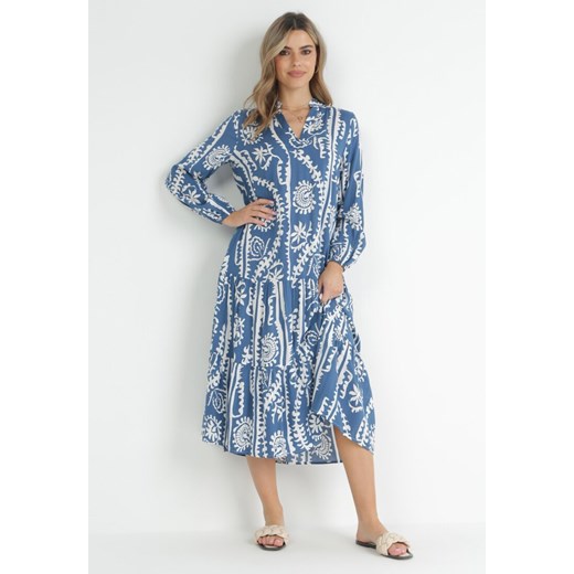 Niebieska Sukienka Oversize z Falbaną na Dole i Ornamentalnym Wzorem Amycia ze sklepu Born2be Odzież w kategorii Sukienki - zdjęcie 153023371