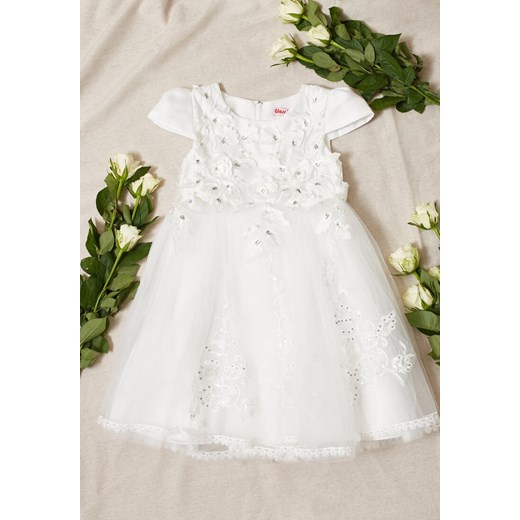 Biała Sukienka z Tiulowym Dołem Ozdobiona Kwiatkami Karemia ze sklepu Born2be Odzież w kategorii Sukienki dziewczęce - zdjęcie 153023562