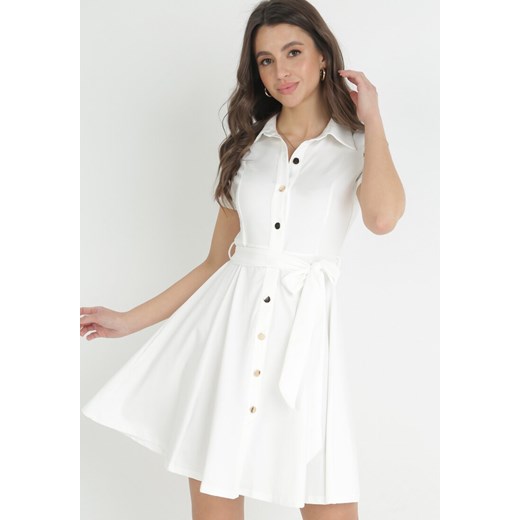 Biała Koszulowa Sukienka Mini z Guzikami i Materiałowym Paskiem Idophira ze sklepu Born2be Odzież w kategorii Sukienki - zdjęcie 153135570