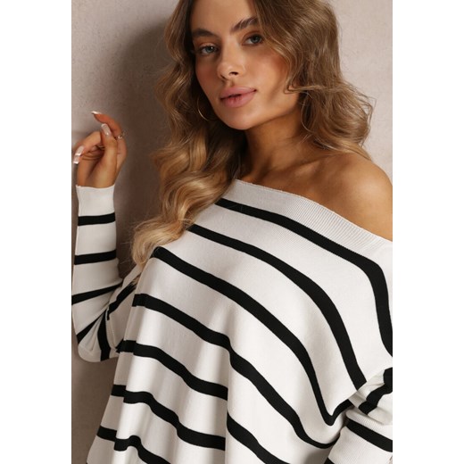 Biały Oversizowy Sweter z Rękawami o Fasonie Nietoperz i Wzorem w Paski Eistauma Renee ONE SIZE promocyjna cena Renee odzież
