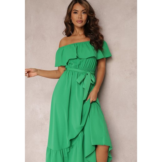 Zielona Sukienka Hiszpanka Maxi z Falbanką i Wiązanym Paskiem Eirerria Renee M wyprzedaż Renee odzież