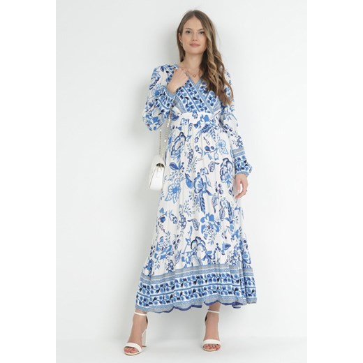 Niebieska Rozkloszowana Sukienka Maxi z Gumkami w Talii i Falbanką Apolla ze sklepu Born2be Odzież w kategorii Sukienki - zdjęcie 153163674