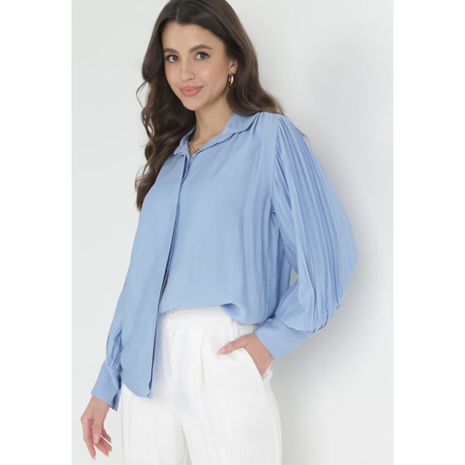 Niebieska Koszula z Plisowanymi Rękawami Pascala ze sklepu Born2be Odzież w kategorii Koszule damskie - zdjęcie 153195432