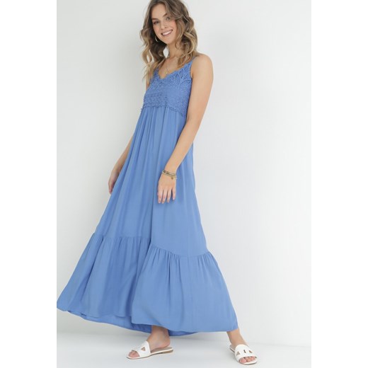 Niebieska Sukienka Maxi z Ażurowym Dekoltem i Falbaną na Dole z Wiskozy Nelnin ze sklepu Born2be Odzież w kategorii Sukienki - zdjęcie 153197614
