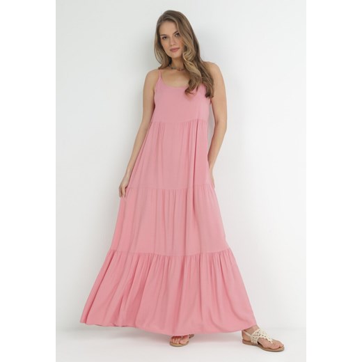 Różowa Sukienka z Wiskozy na Ramiączkach z Falbanką Graesa ze sklepu Born2be Odzież w kategorii Sukienki - zdjęcie 153197654