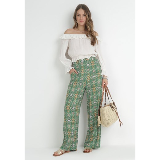Zielone Wzorzyste Spodnie z Gumką w Pasie i Wysokim Stanem z Bawełny Marron ze sklepu Born2be Odzież w kategorii Spodnie damskie - zdjęcie 153232703